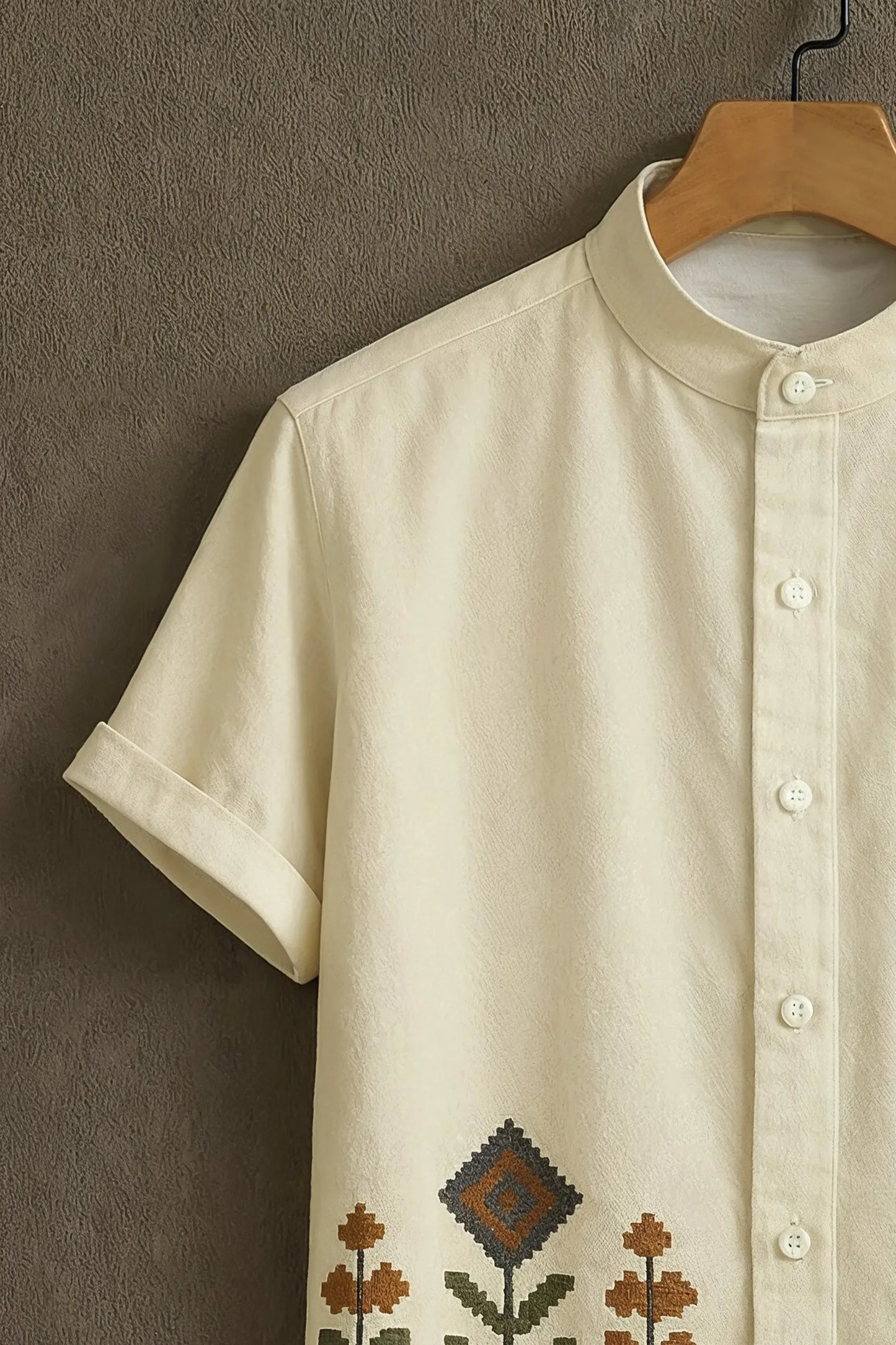 Premium Embroidered Floral Geometric Mandarin Collar Shirt