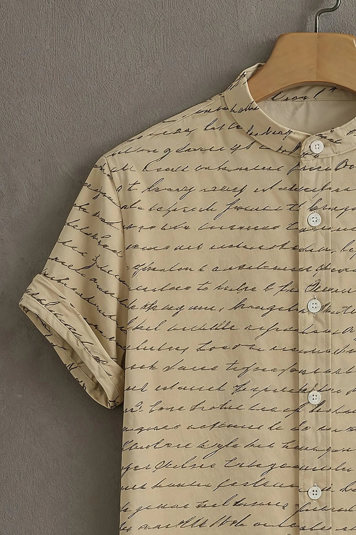 Premium Beige Script Print Mandarin Collar Shirt