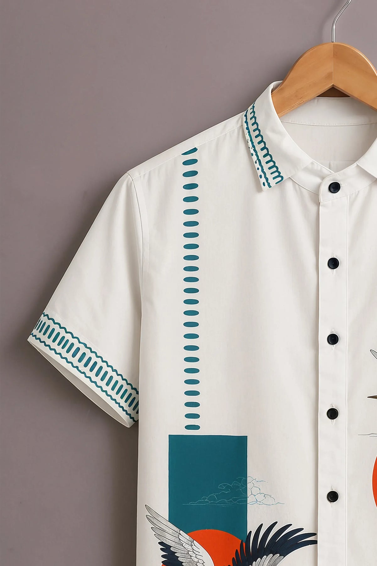 Premium White Crane & Geometric Print Shirt