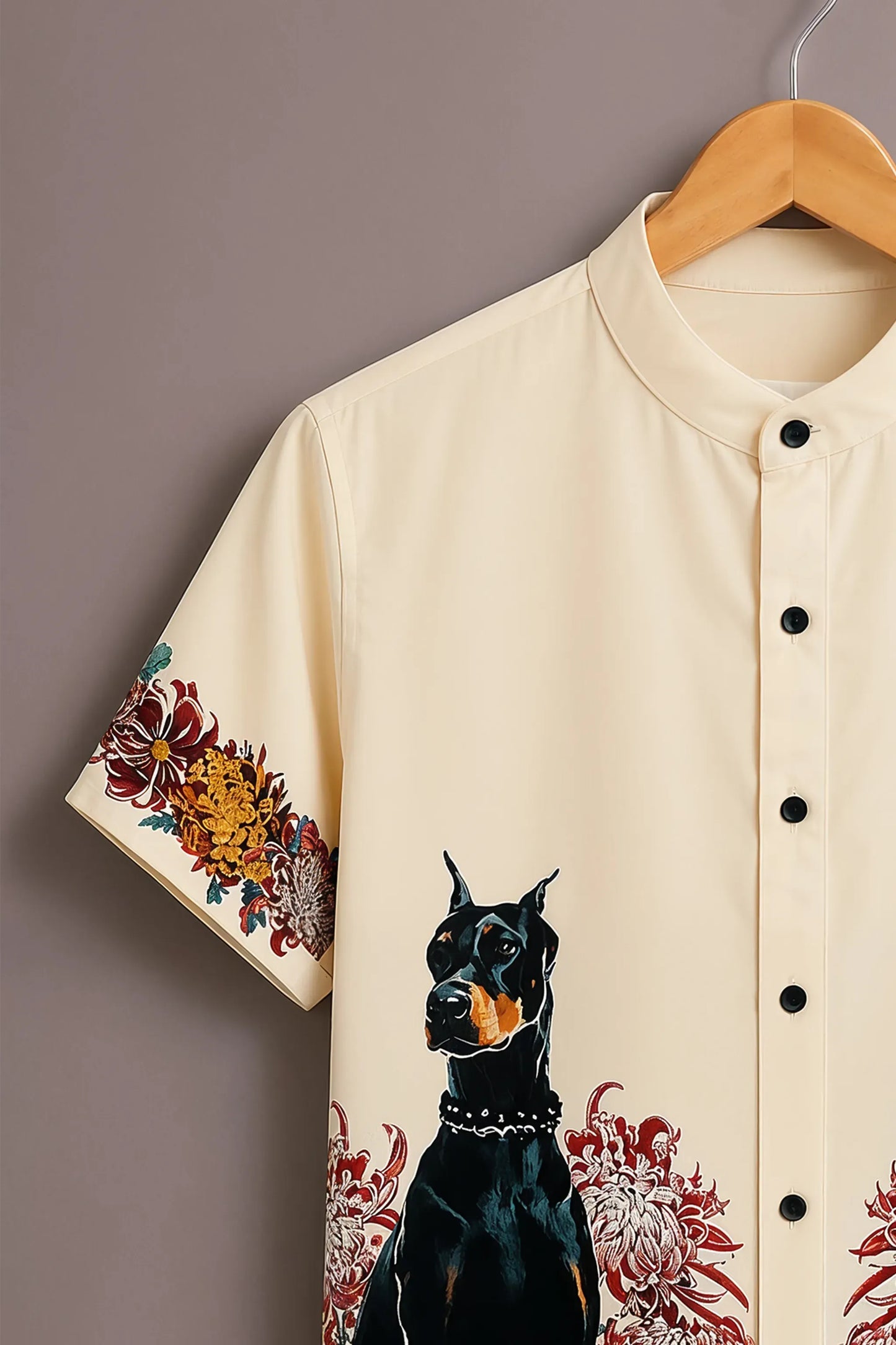 Premium Cream Doberman Floral Print Mandarin Collar Shirt