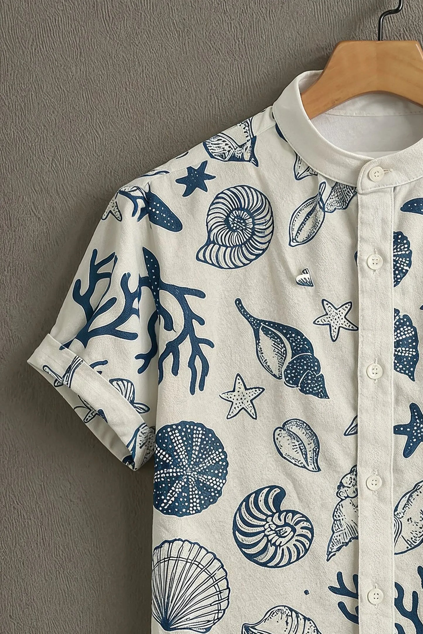 Premium Navy Blue Seashell & Starfish Print Mandarin Collar Shirt