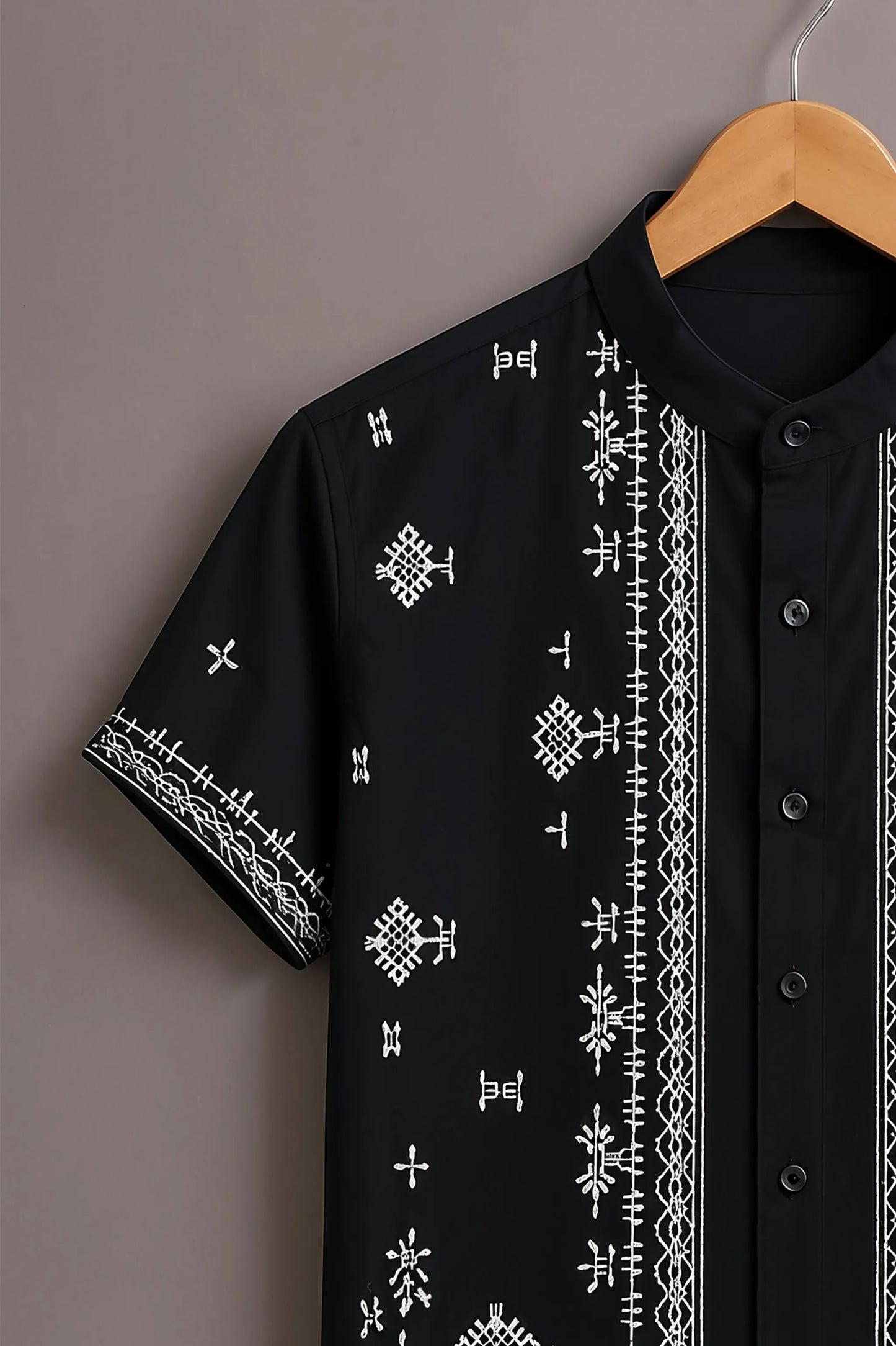 Premium Black Ethnic Embroidered Mandarin Collar Shirt