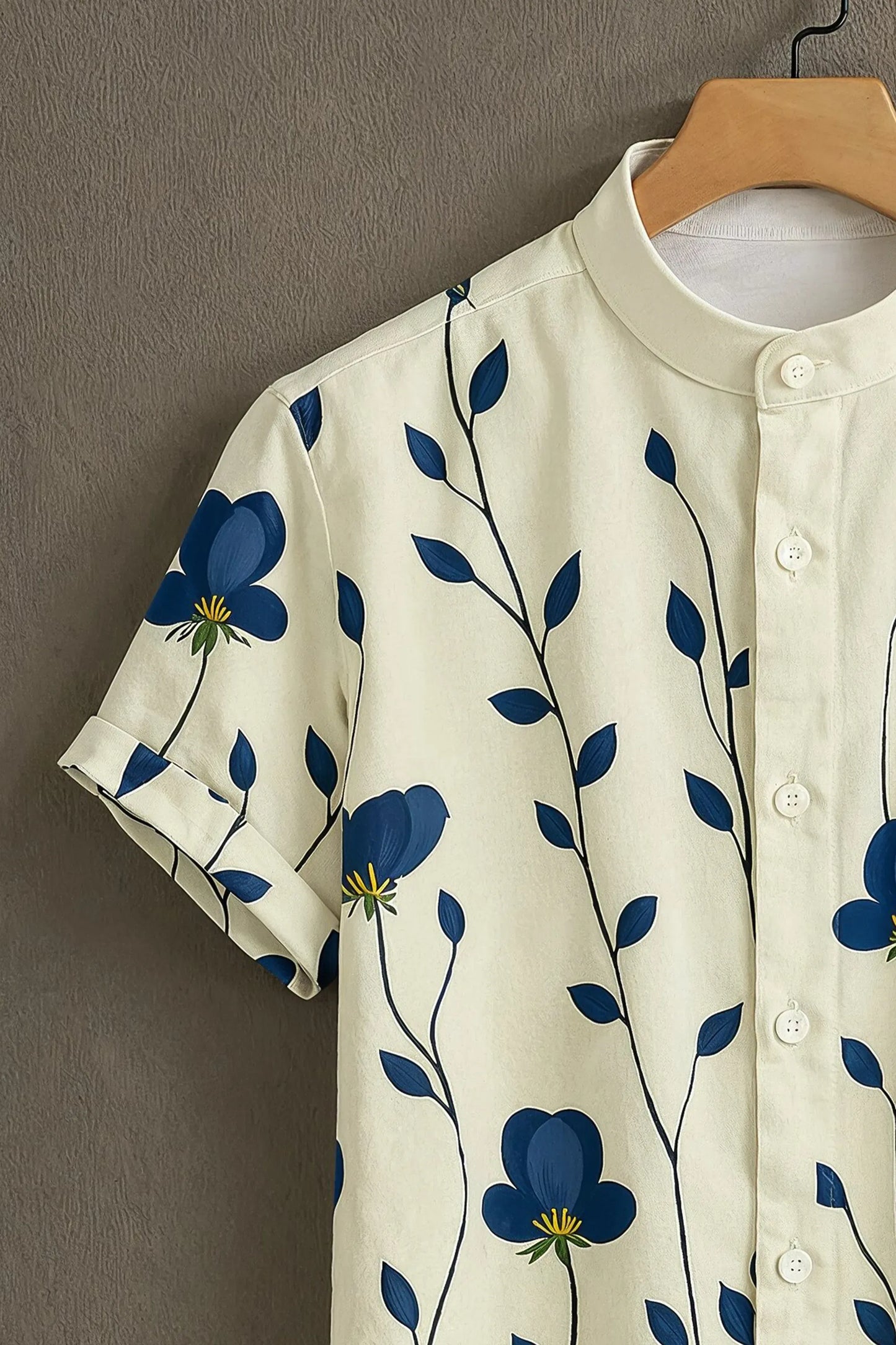 Premium Cream Blue Floral Vine Print Mandarin Collar Shirt