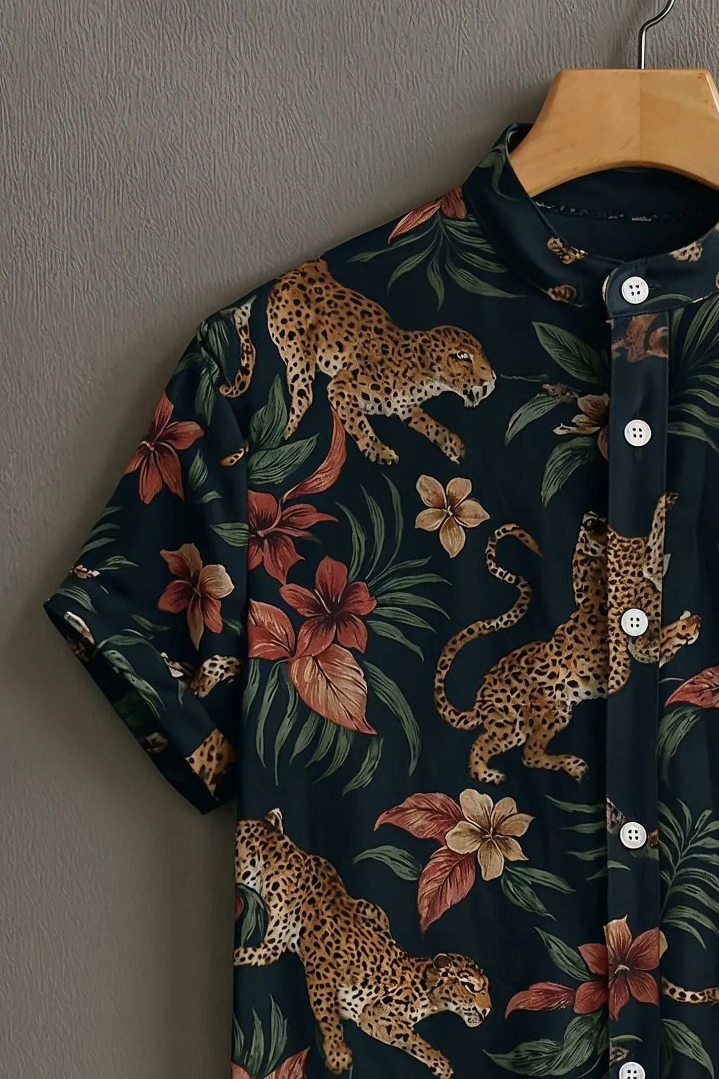 Premium Tropical Leopard Floral Mandarin Collar Shirt