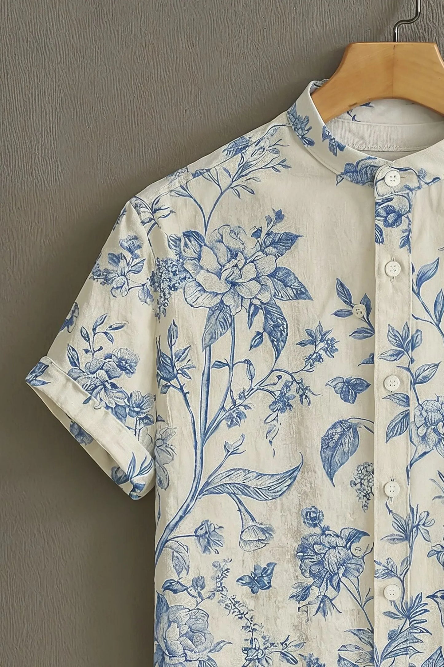 Premium Blue Floral Garden Print Mandarin Collar Shirt