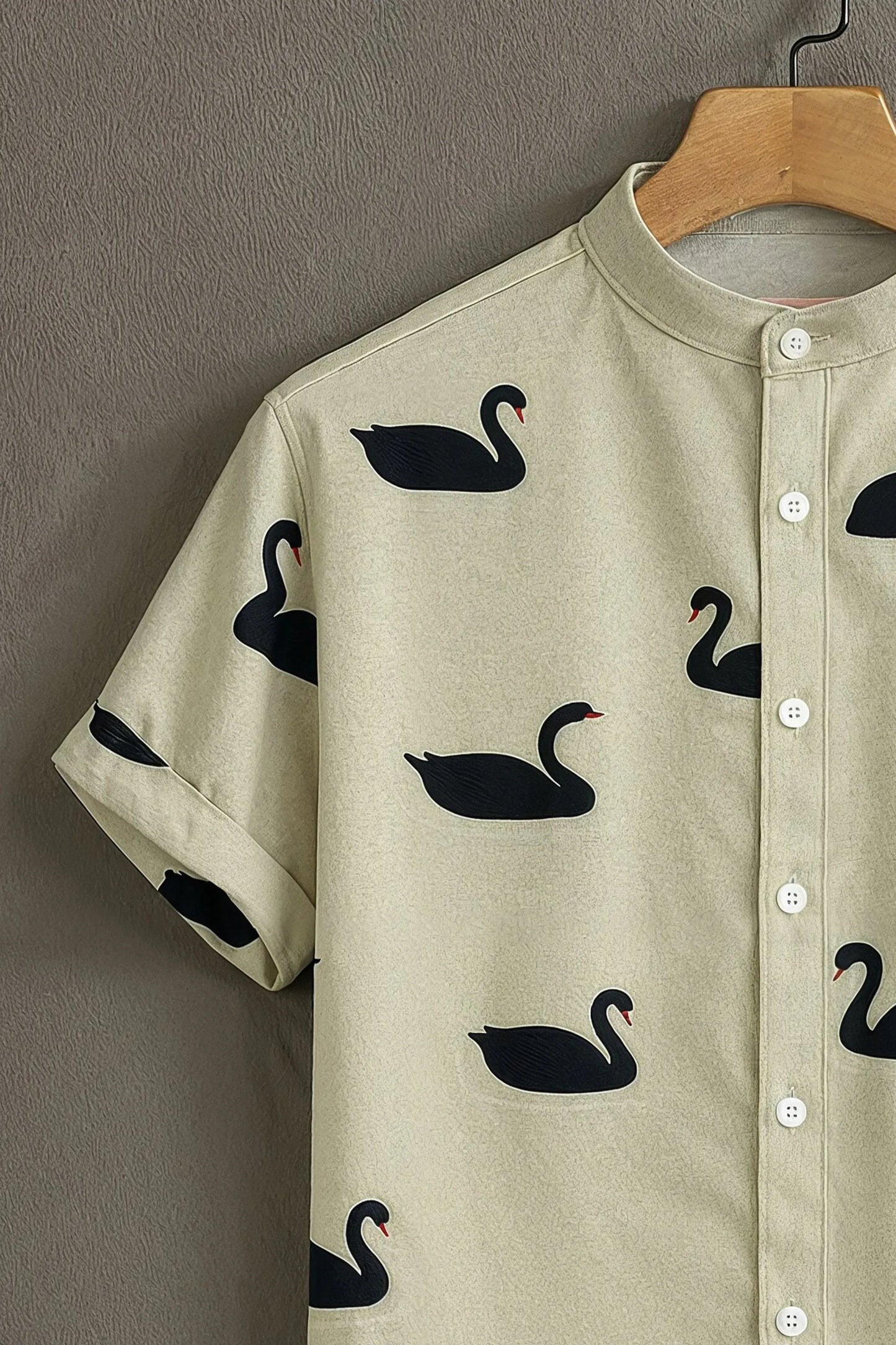 Cream Black Swan Print Mandarin Collar Shirt