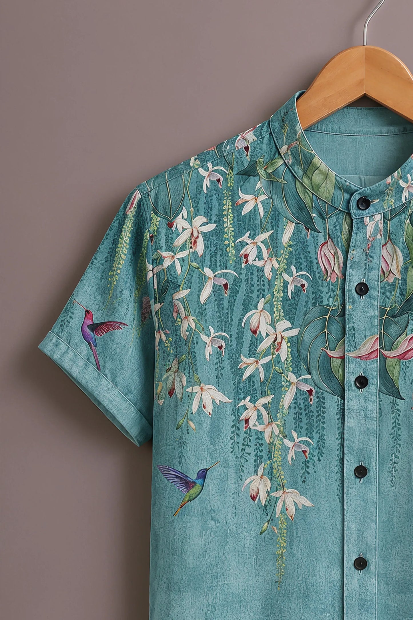 Premium Turquoise Floral Hummingbird Mandarin Collar Shirt