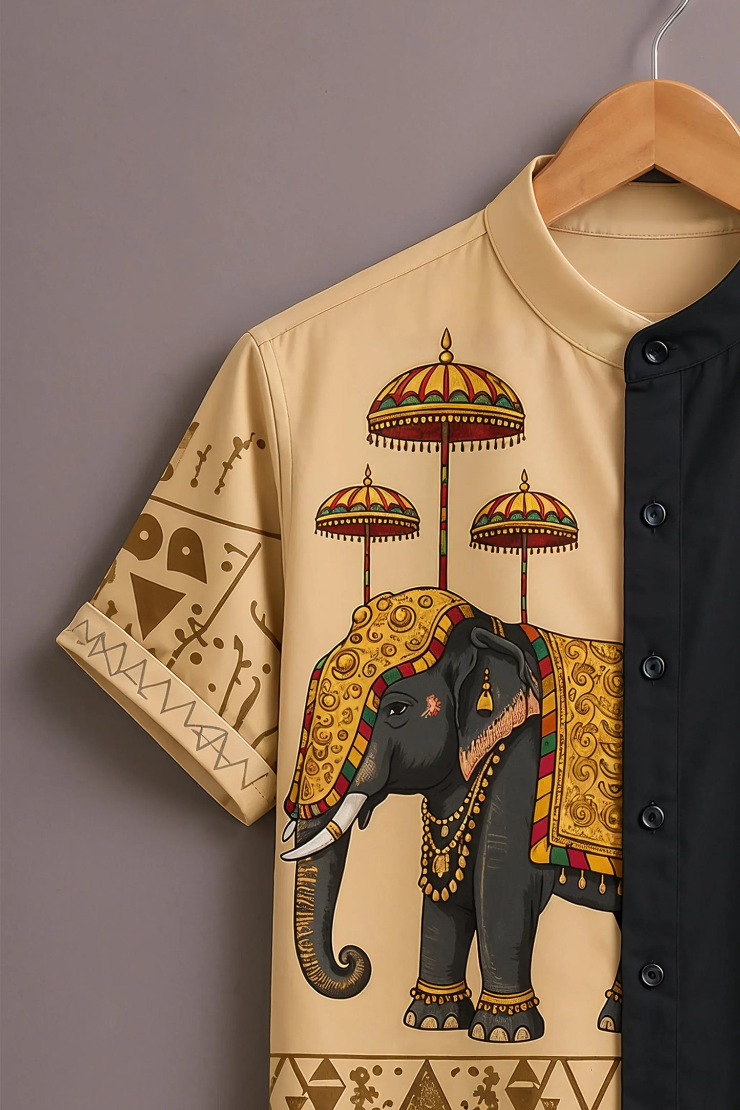 Premium Black & Beige Elephant Print Mandarin Collar Shirt