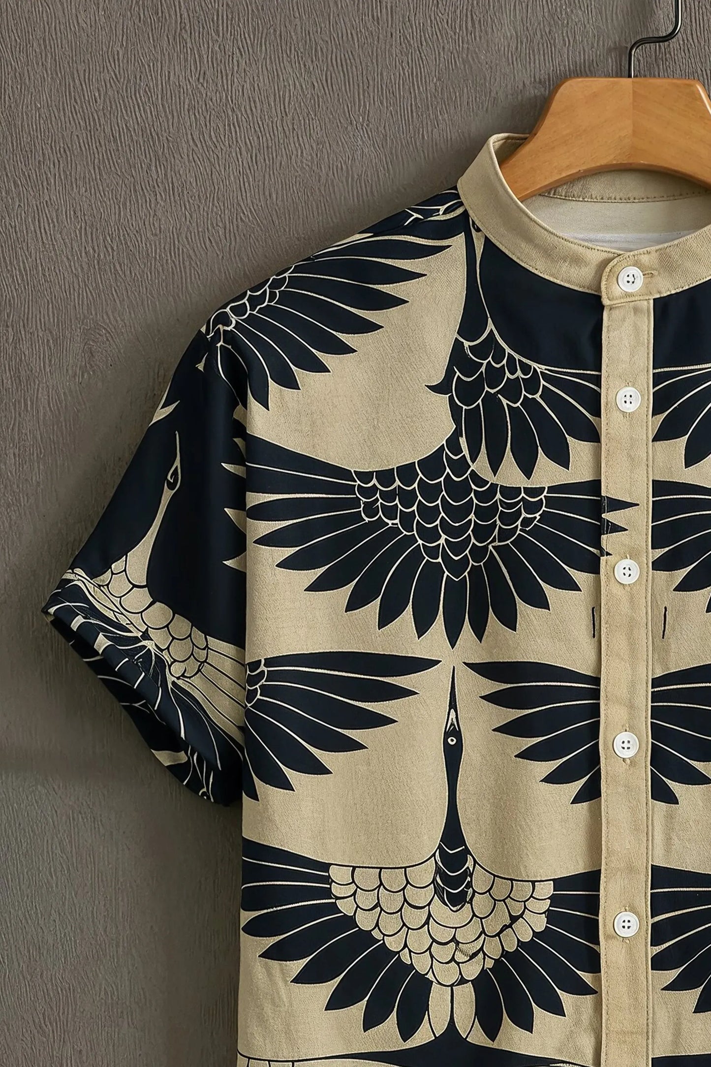 Premium Navy Beige Eagle Print Mandarin Collar Shirt