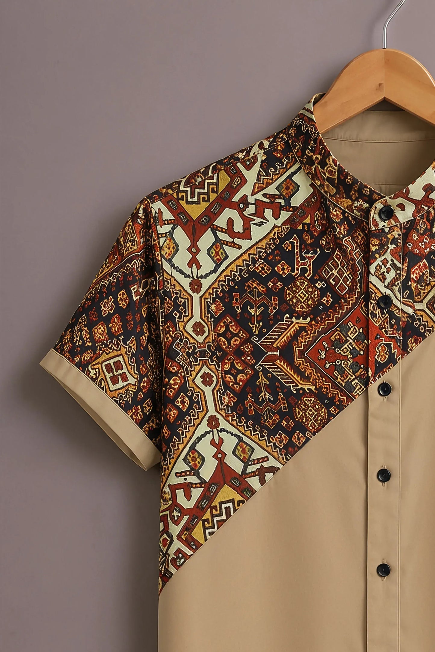Premium Beige Geometric Ethnic Print Mandarin Collar Shirt