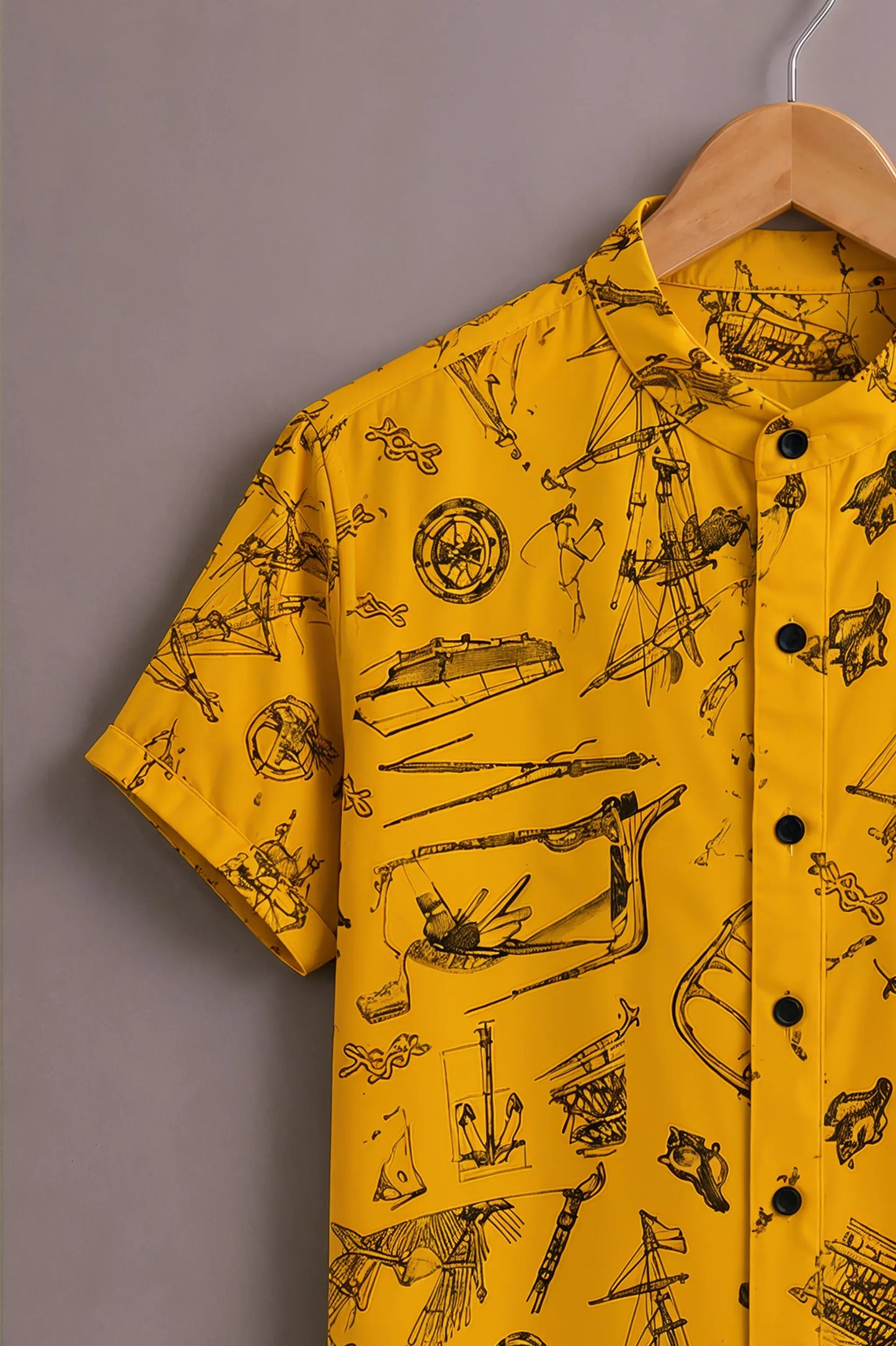 Premium Yellow Vintage Nautical Print Mandarin Collar Shirt