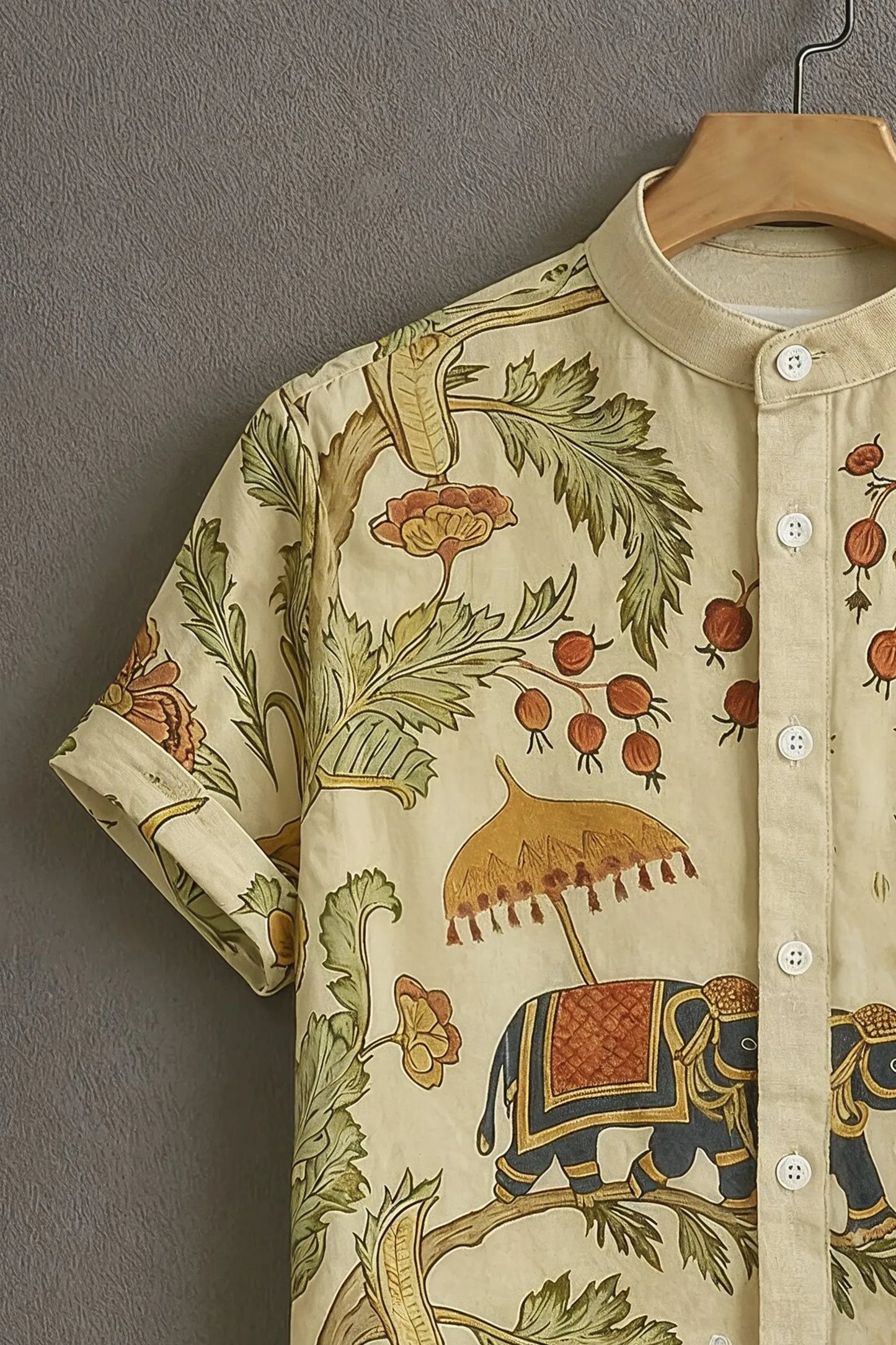 Premium Floral Elephant Print Mandarin Collar Shirt