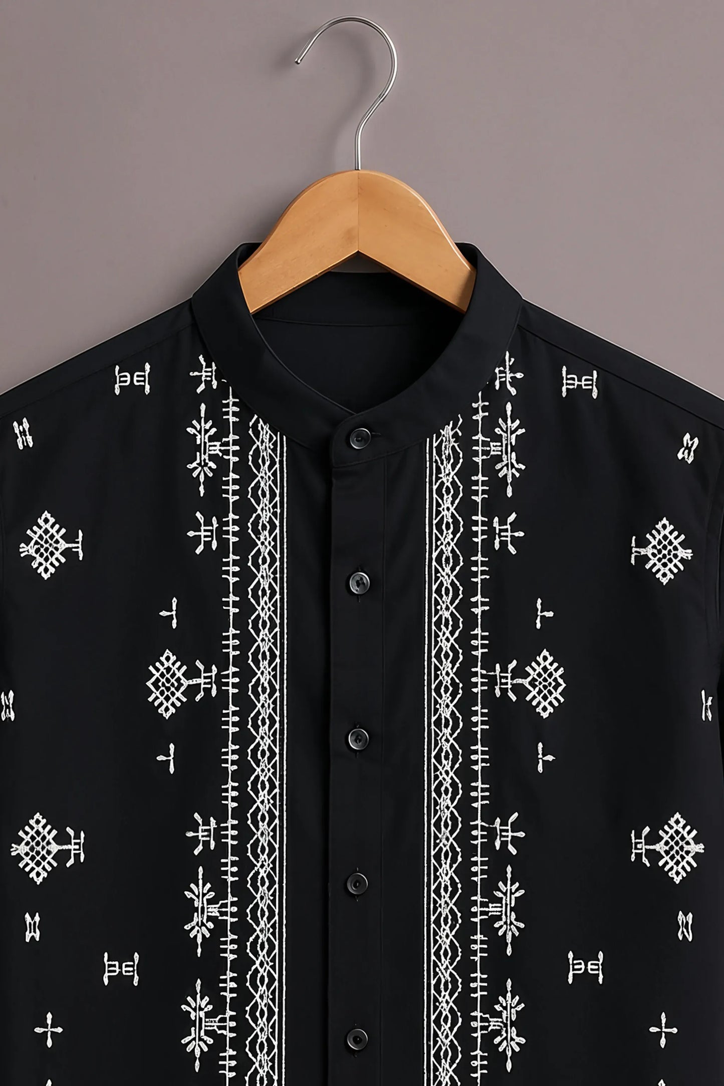 Premium Black Ethnic Embroidered Mandarin Collar Shirt