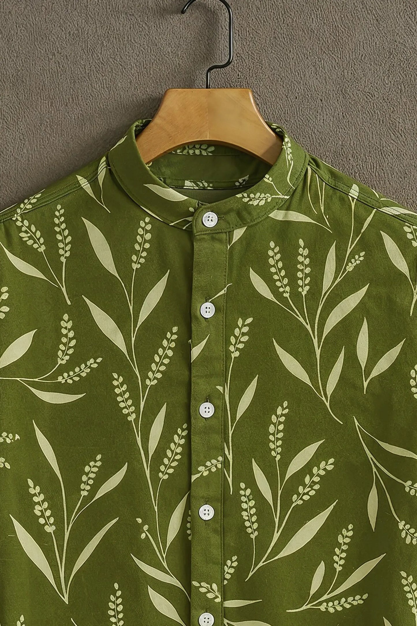 Premium Olive Green Botanical Leaf Print Mandarin Collar Shirt