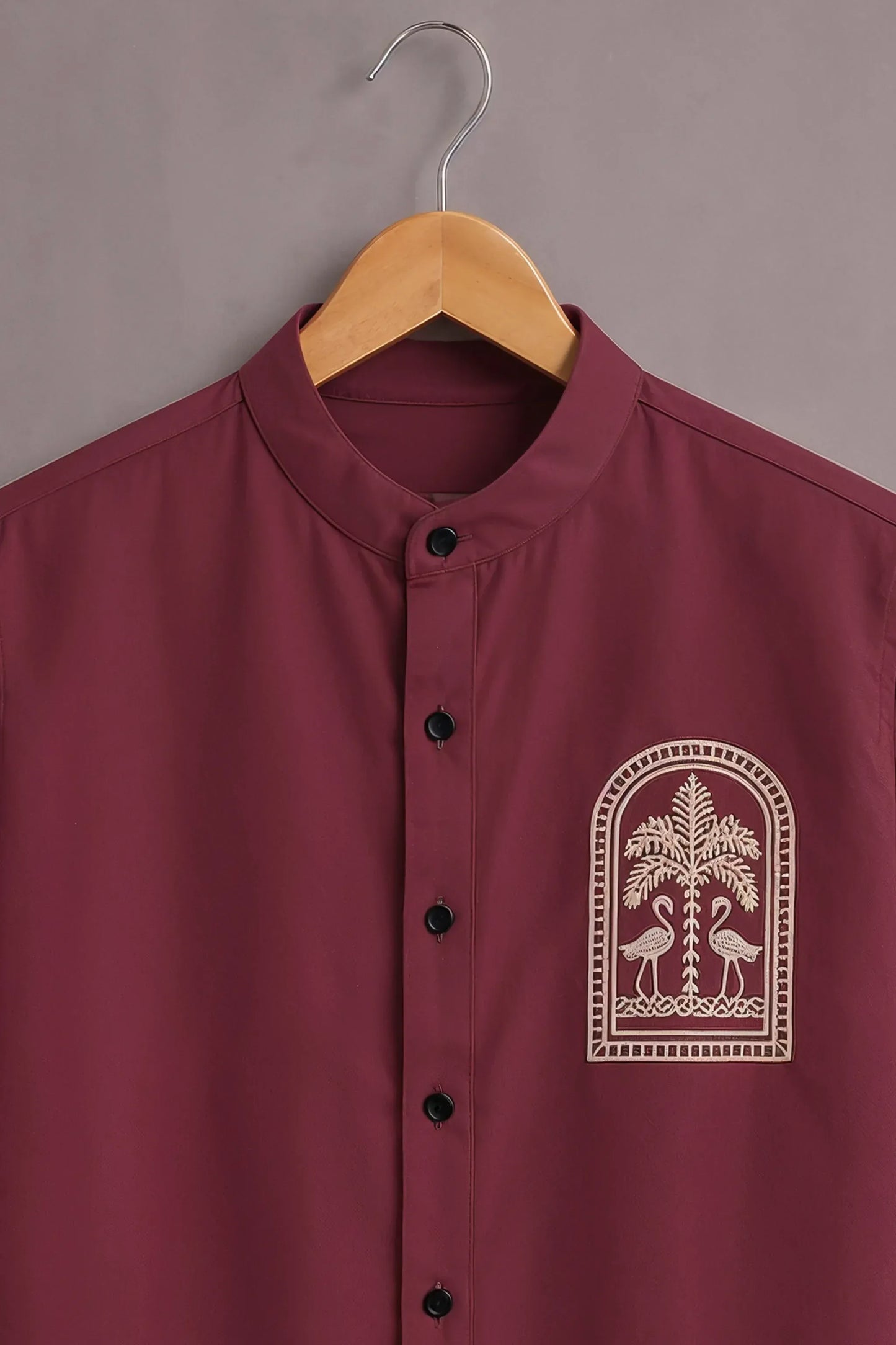 Premium Maroon Palm Tree Embroidered Mandarin Collar Shirt