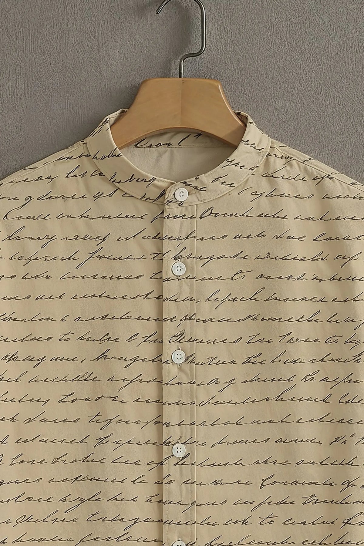 Premium Beige Script Print Mandarin Collar Shirt