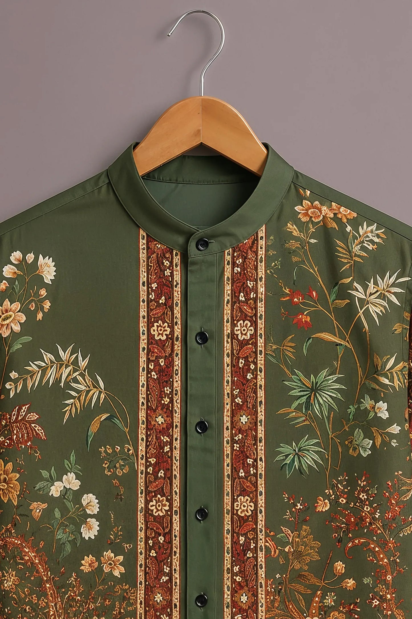 Premium Olive Green Floral Paisley Mandarin Collar Shirt