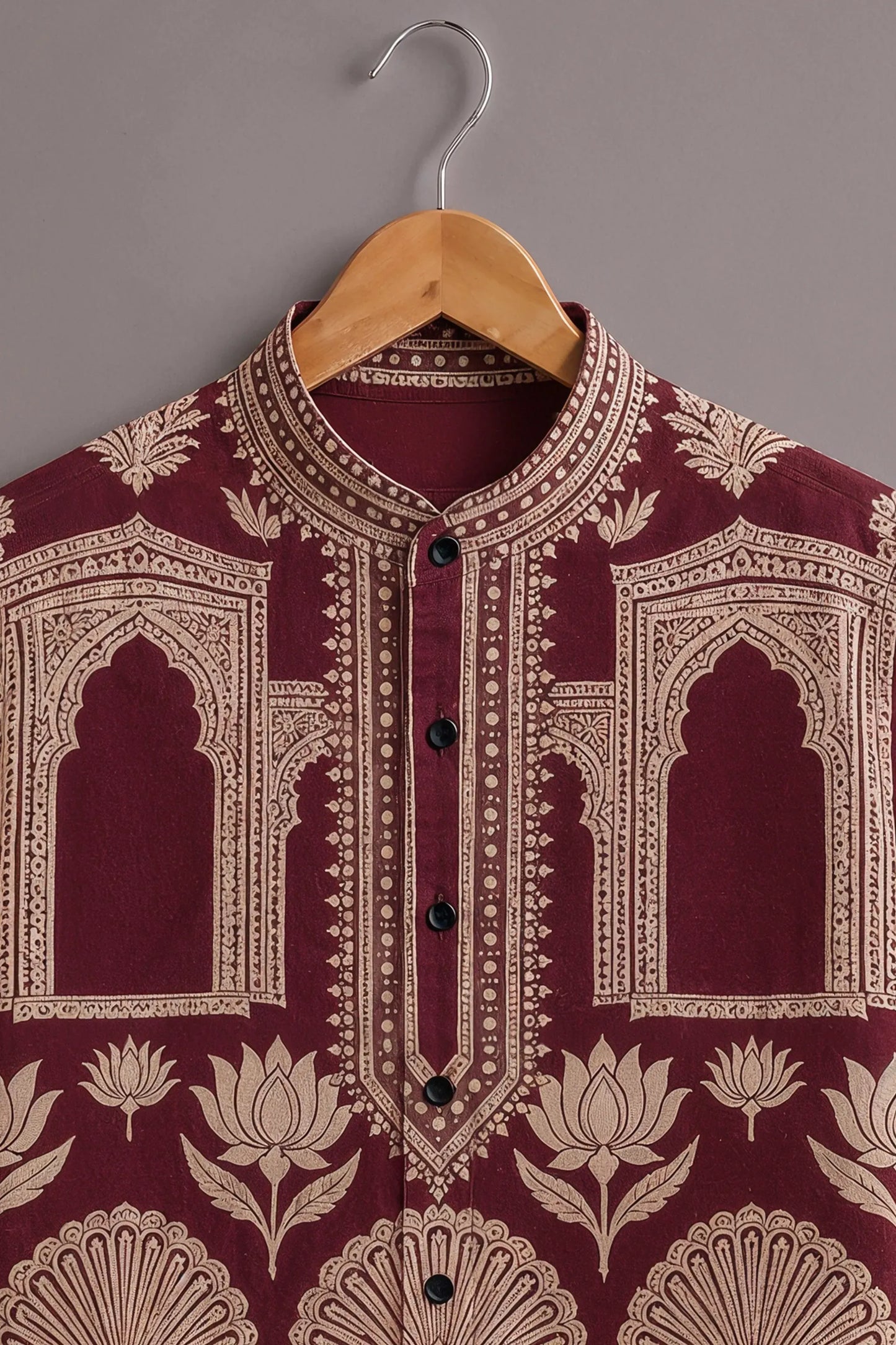 Premium Maroon Heritage Print Mandarin Collar Shirt