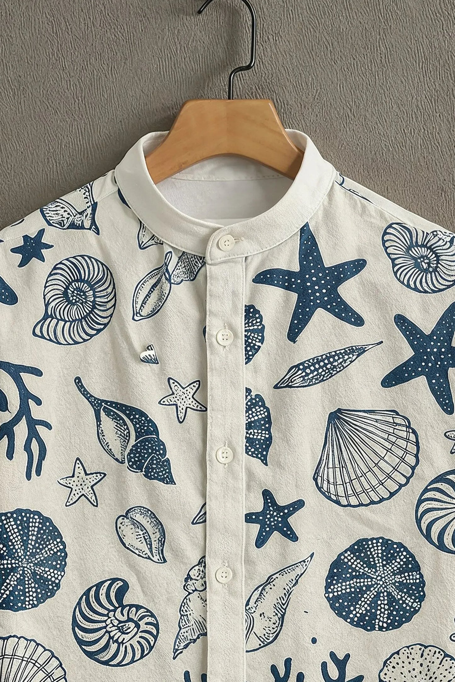 Premium Navy Blue Seashell & Starfish Print Mandarin Collar Shirt