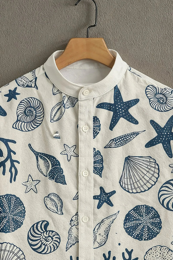 Premium Navy Blue Seashell & Starfish Print Mandarin Collar Shirt