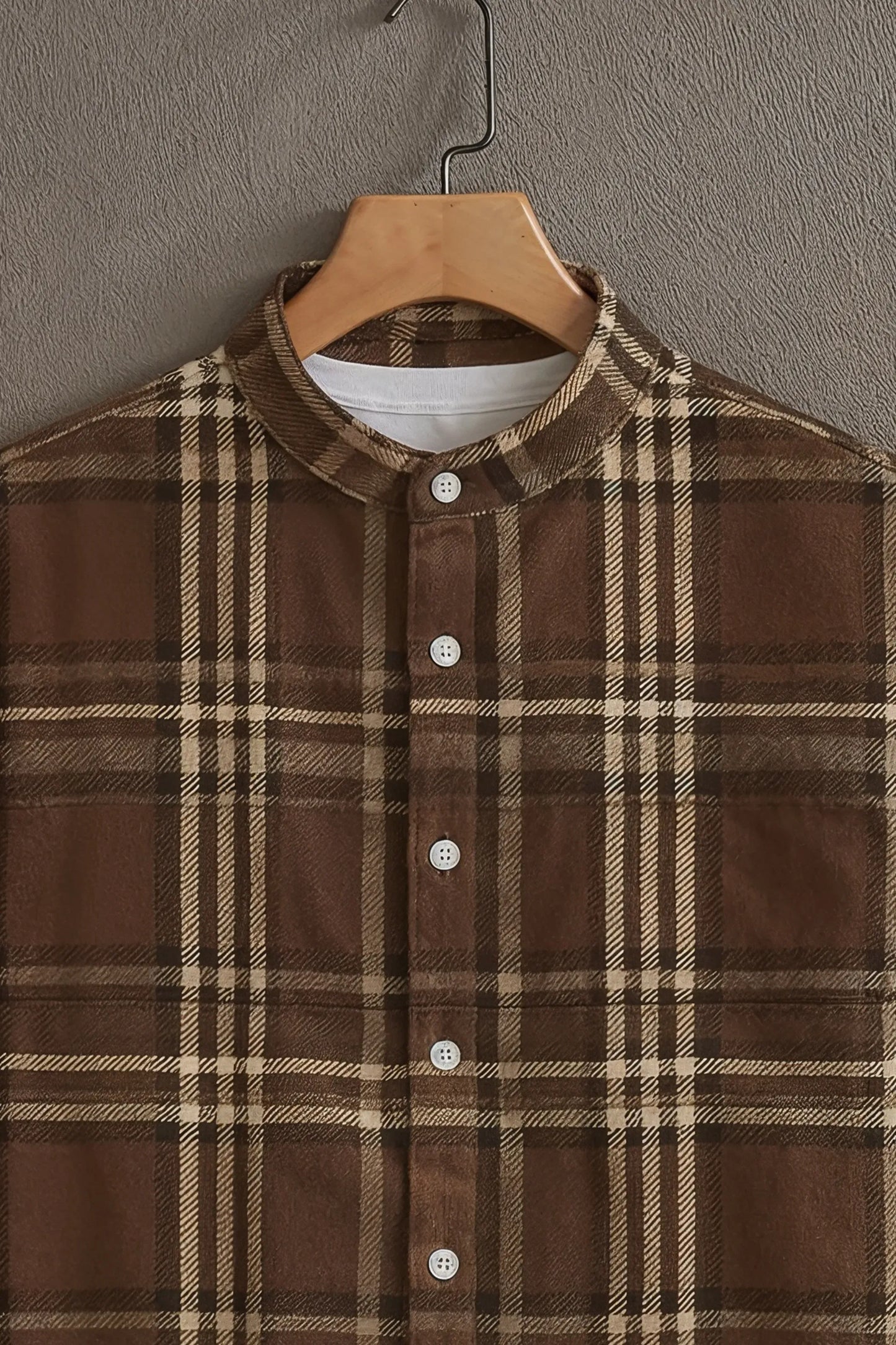 Premium Brown Beige Plaid Check Mandarin Collar Shirt