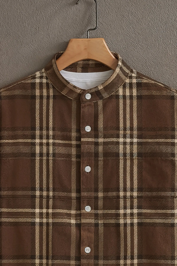 Premium Brown Beige Plaid Check Mandarin Collar Shirt