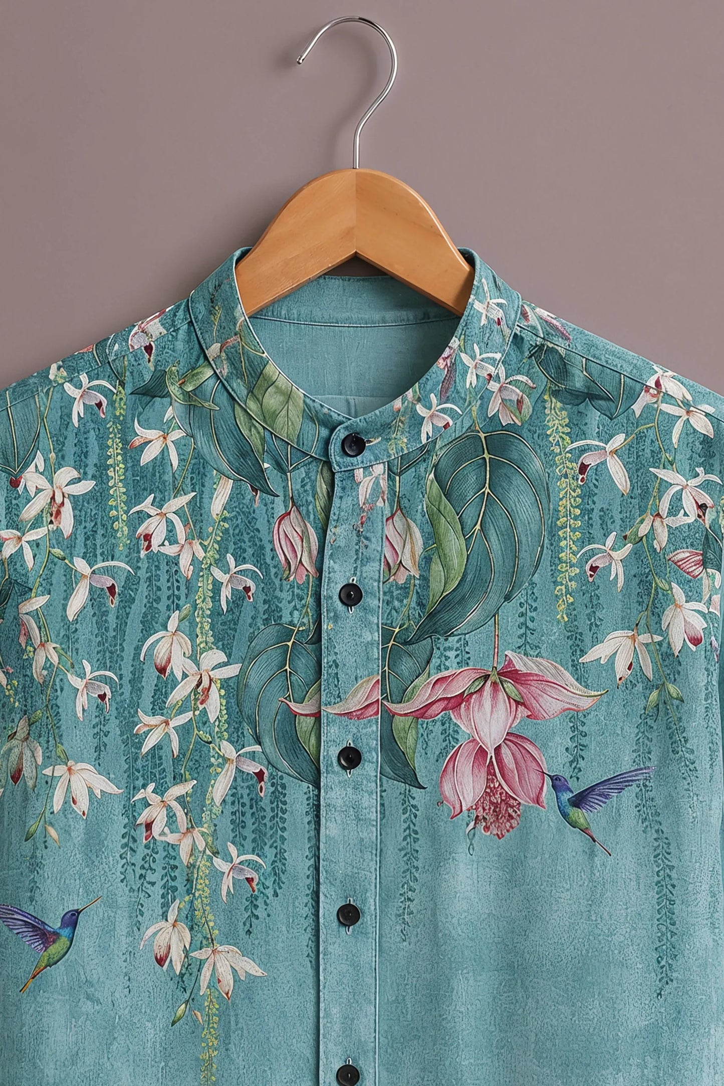 Premium Turquoise Floral Hummingbird Mandarin Collar Shirt
