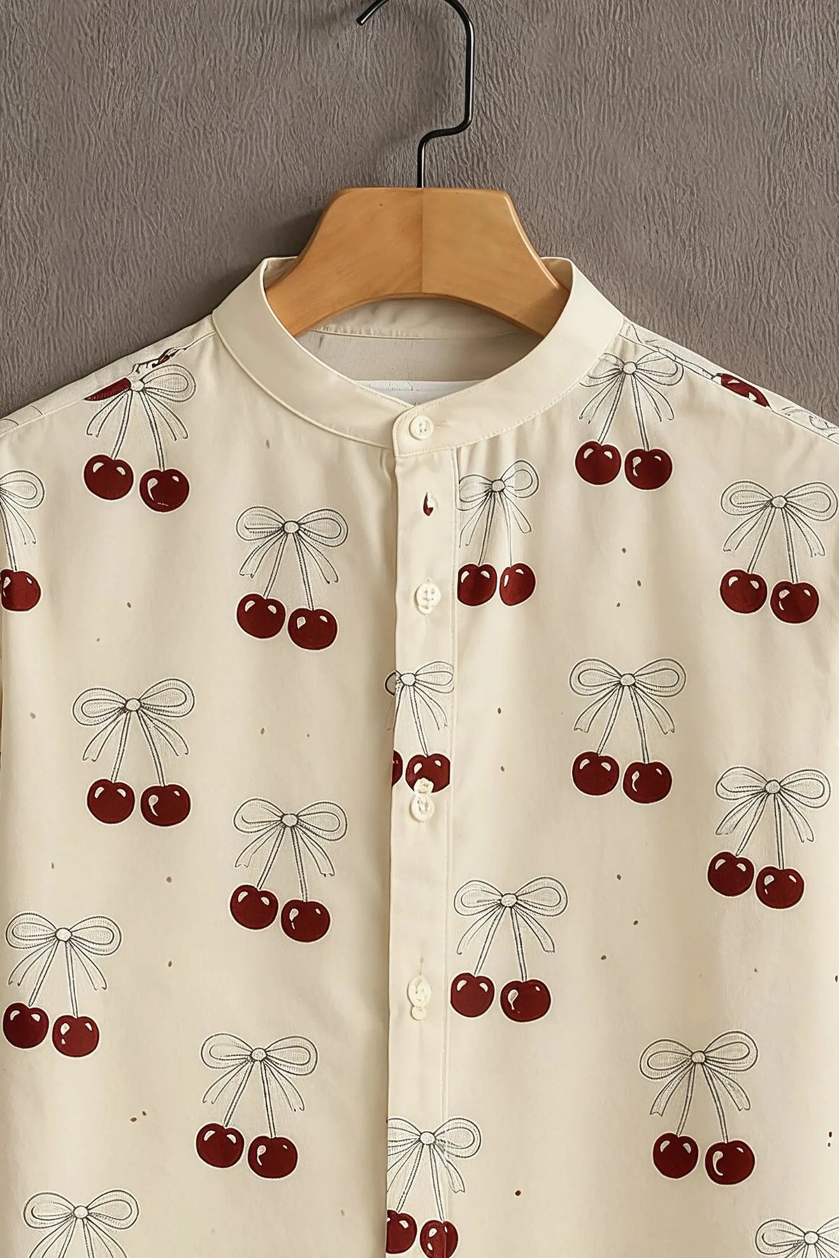Cream Cherry Bow Print Mandarin Collar Shirt