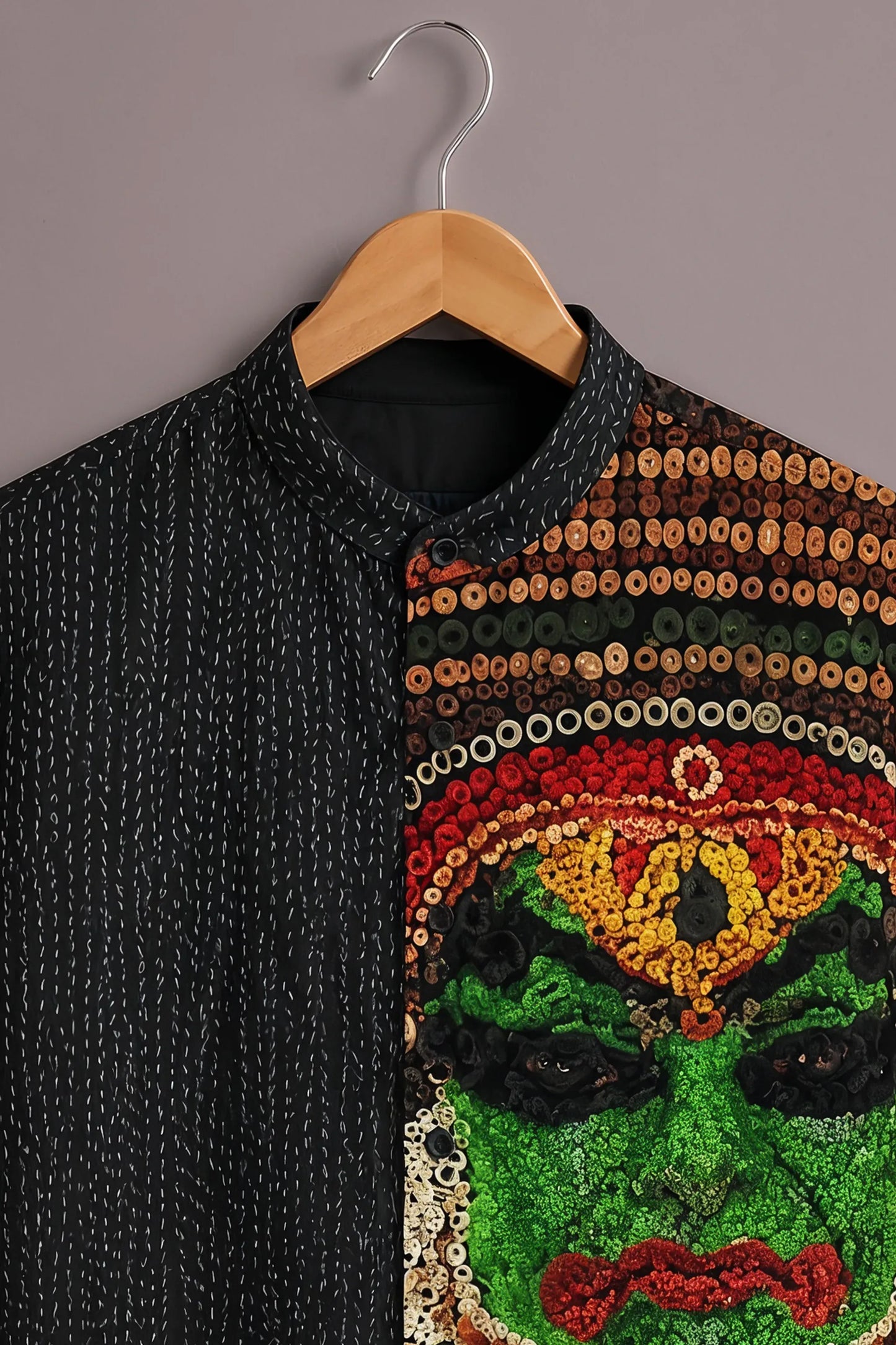 Premium Black Abstract Face Print Mandarin Collar Shirt