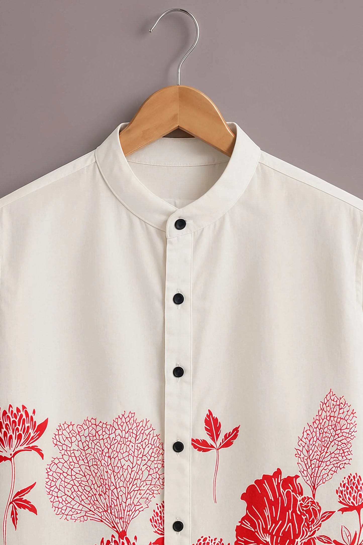 Premium White & Red Floral Mandarin Collar Shirt