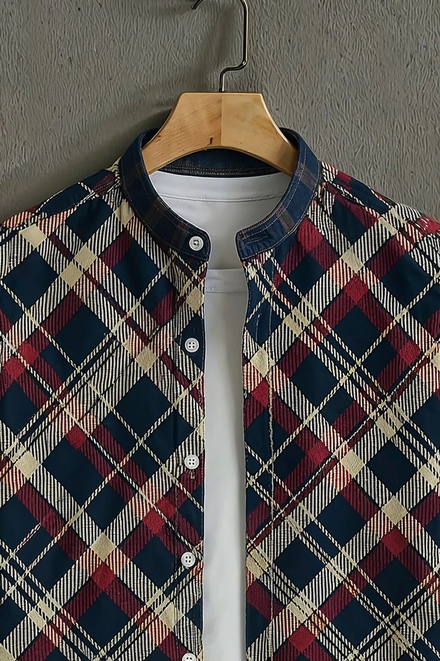 Premium Navy Burgundy Argyle Print Mandarin Collar Shirt