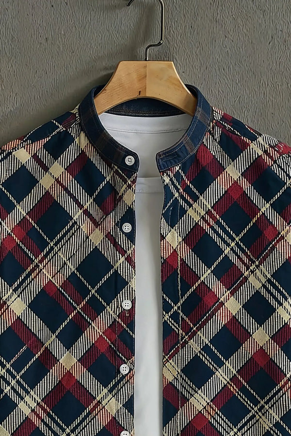 Premium Navy Burgundy Argyle Print Mandarin Collar Shirt
