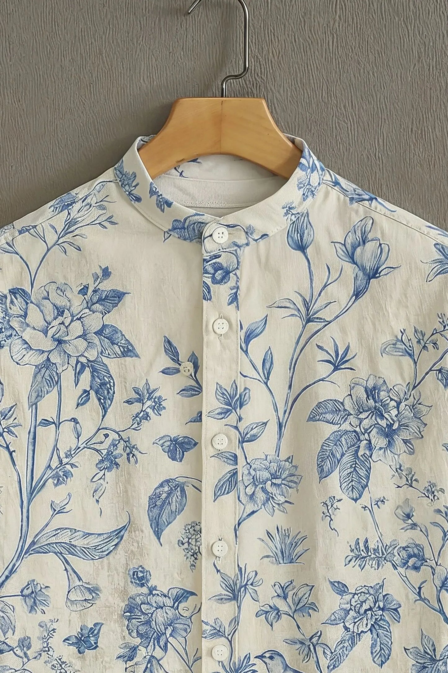 Premium Blue Floral Garden Print Mandarin Collar Shirt