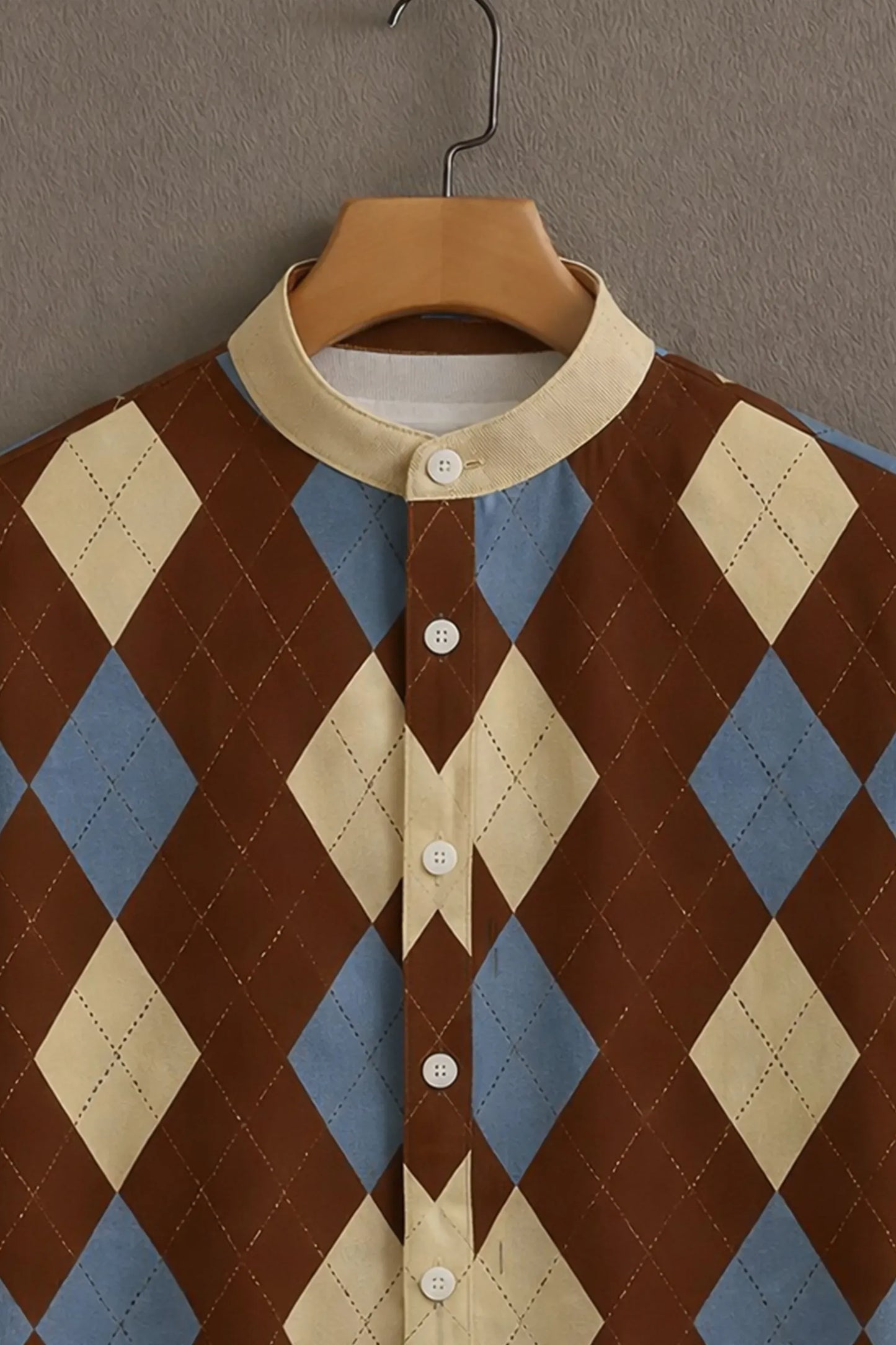 Premium Brown Blue Argyle Pattern Mandarin Collar Shirt