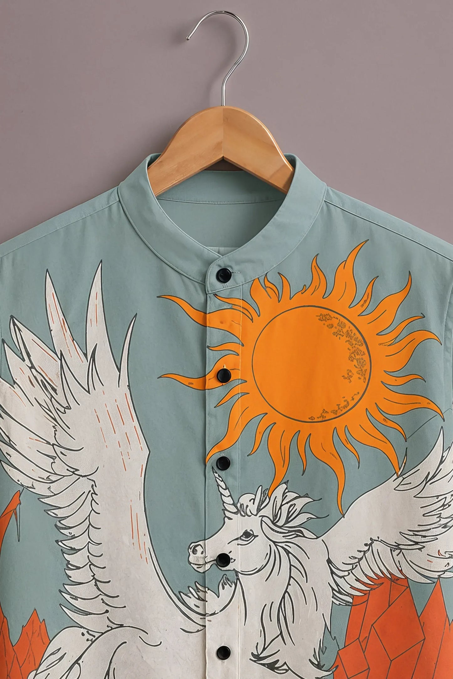 Premium Sage Blue Pegasus & Sun Print Mandarin Collar Shirt
