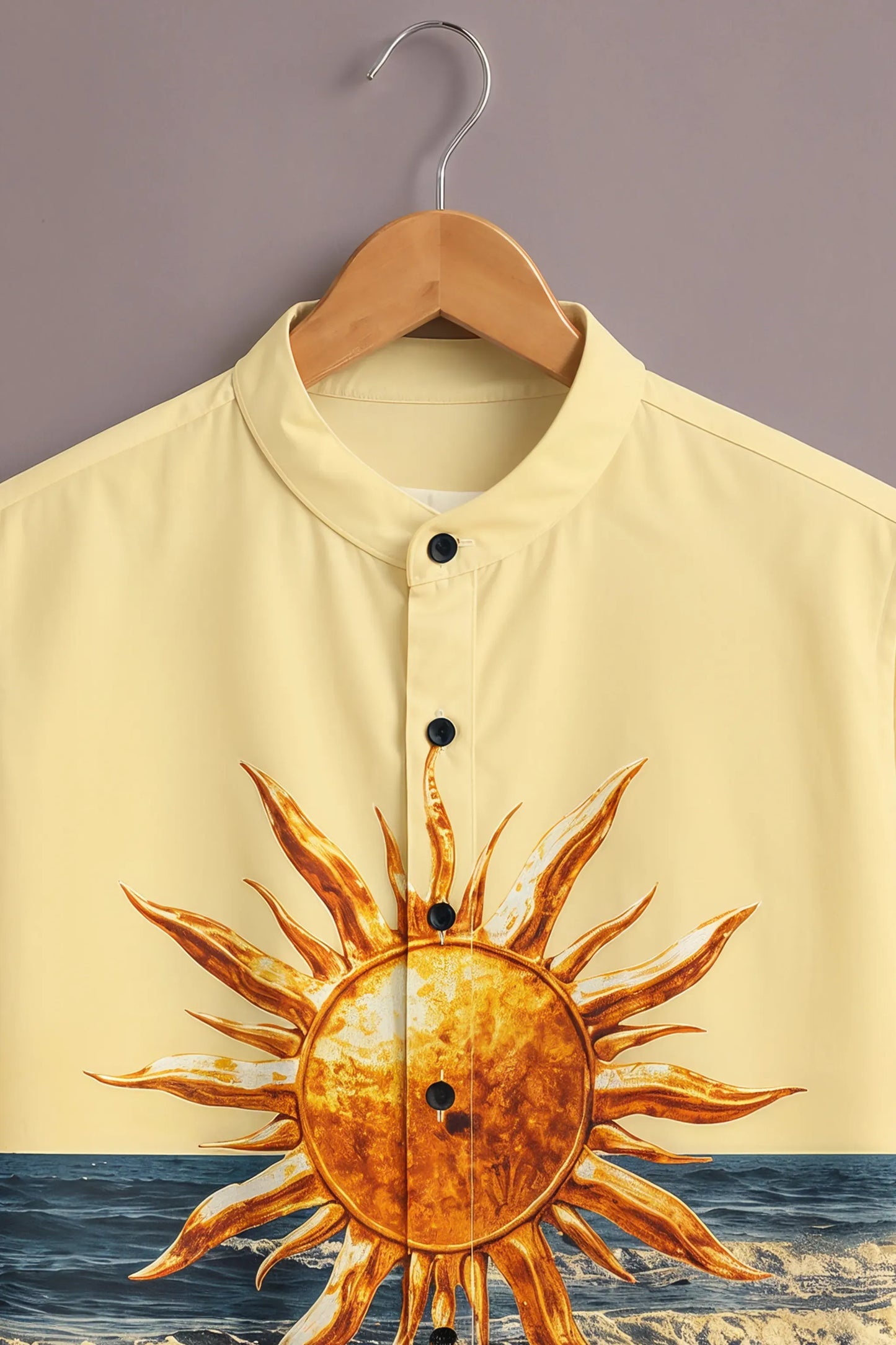 Premium Yellow Sun & Ocean Print Mandarin Collar Shirt