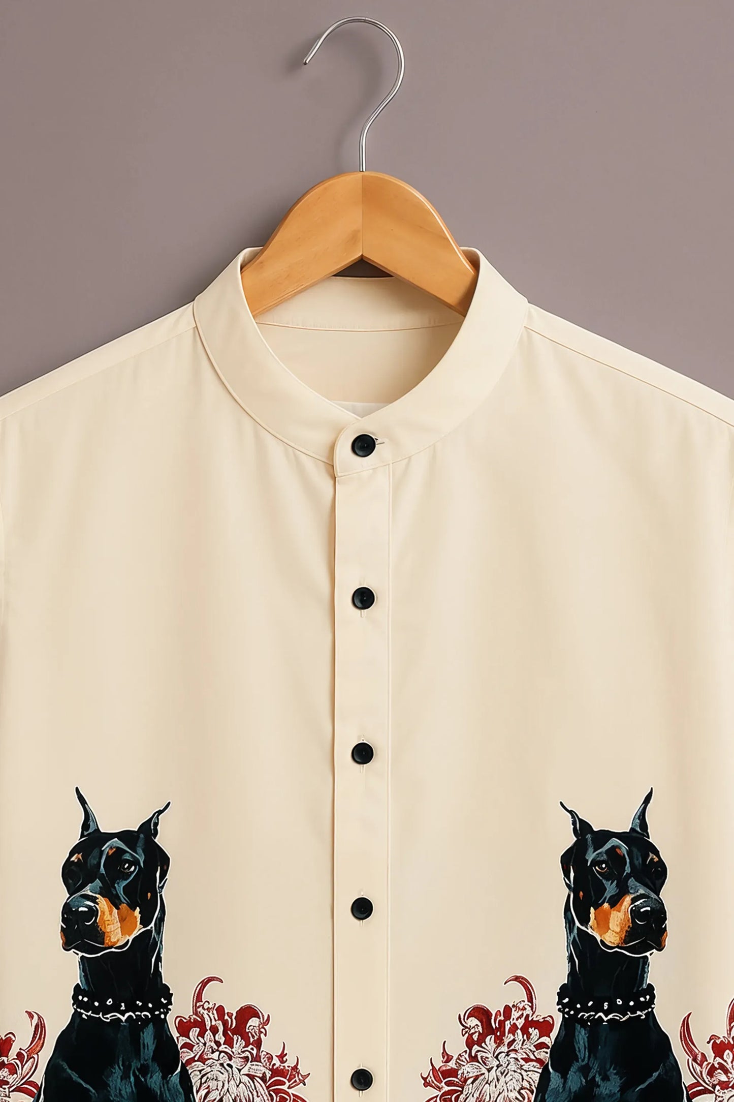 Premium Cream Doberman Floral Print Mandarin Collar Shirt
