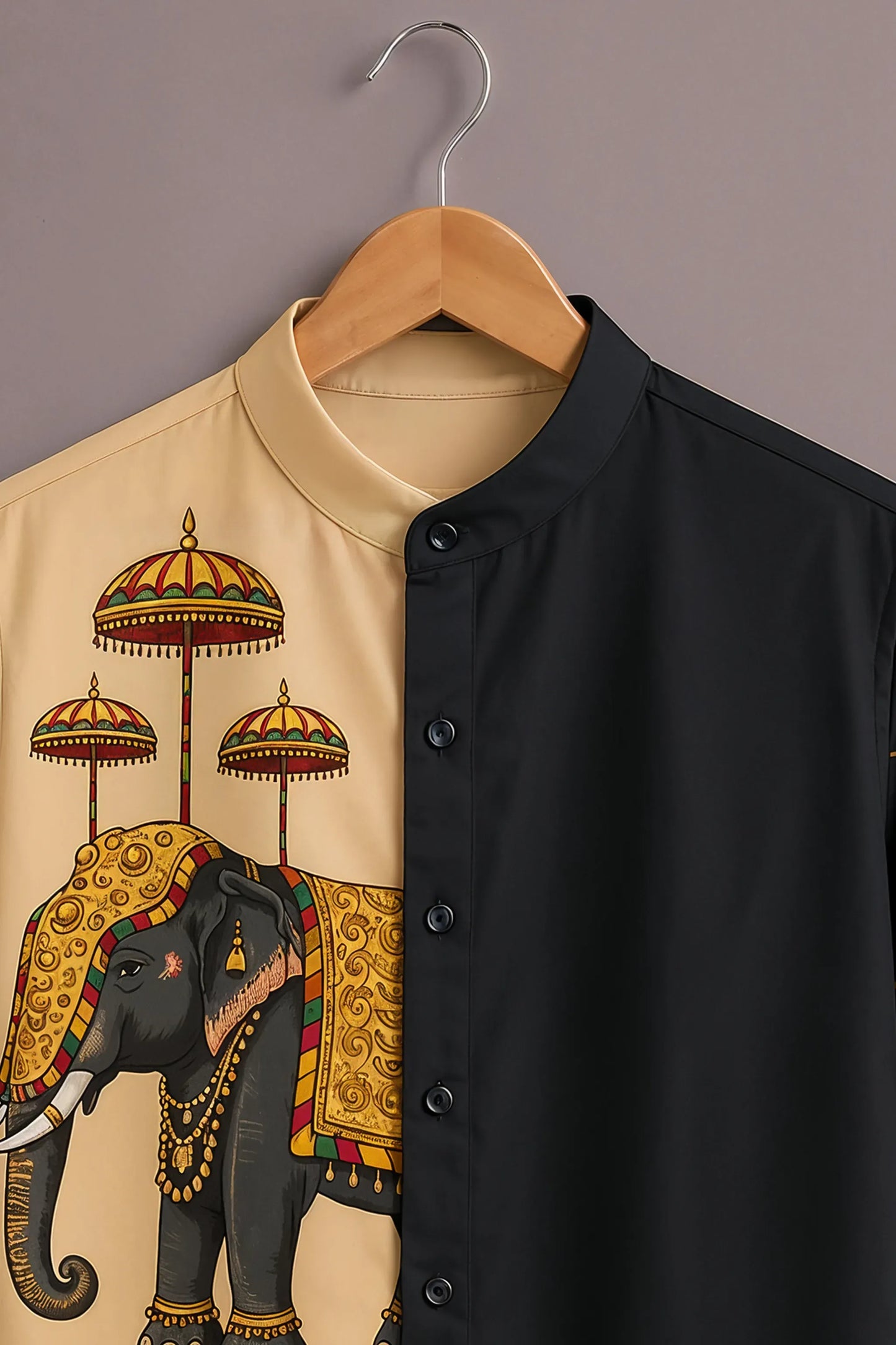 Premium Black & Beige Elephant Print Mandarin Collar Shirt