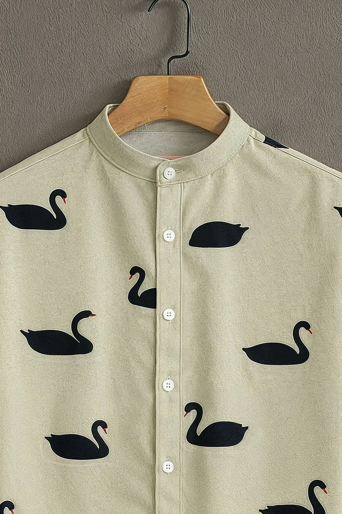 Cream Black Swan Print Mandarin Collar Shirt