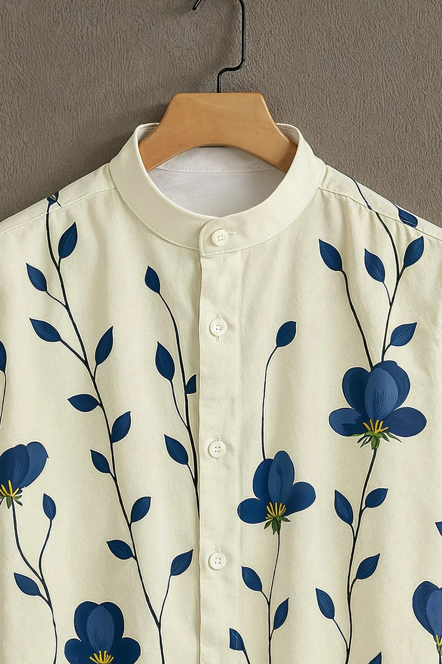 Premium Cream Blue Floral Vine Print Mandarin Collar Shirt