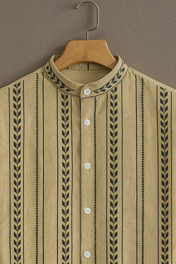 Premium Beige Black Leaf Stripe Mandarin Collar Shirt