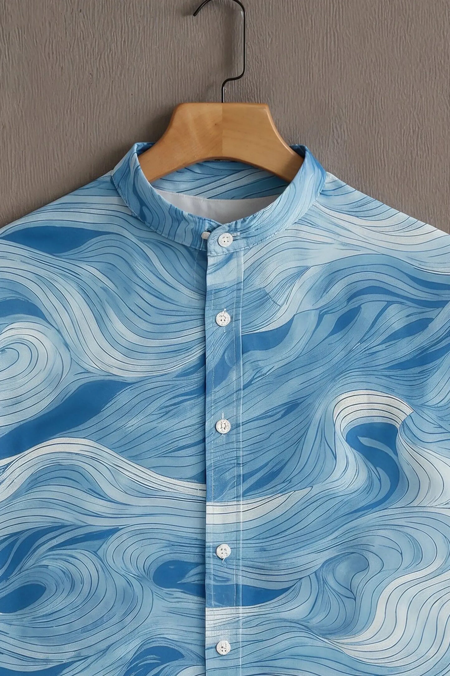 Premium Blue Abstract Wave Print Mandarin Collar Shirt