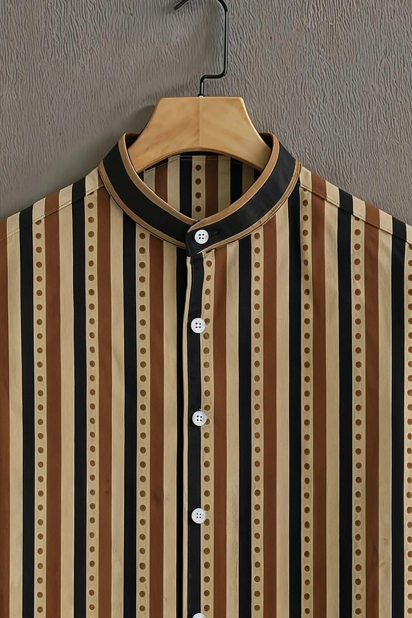 Premium Brown Black Vertical Stripe Mandarin Collar Shirt
