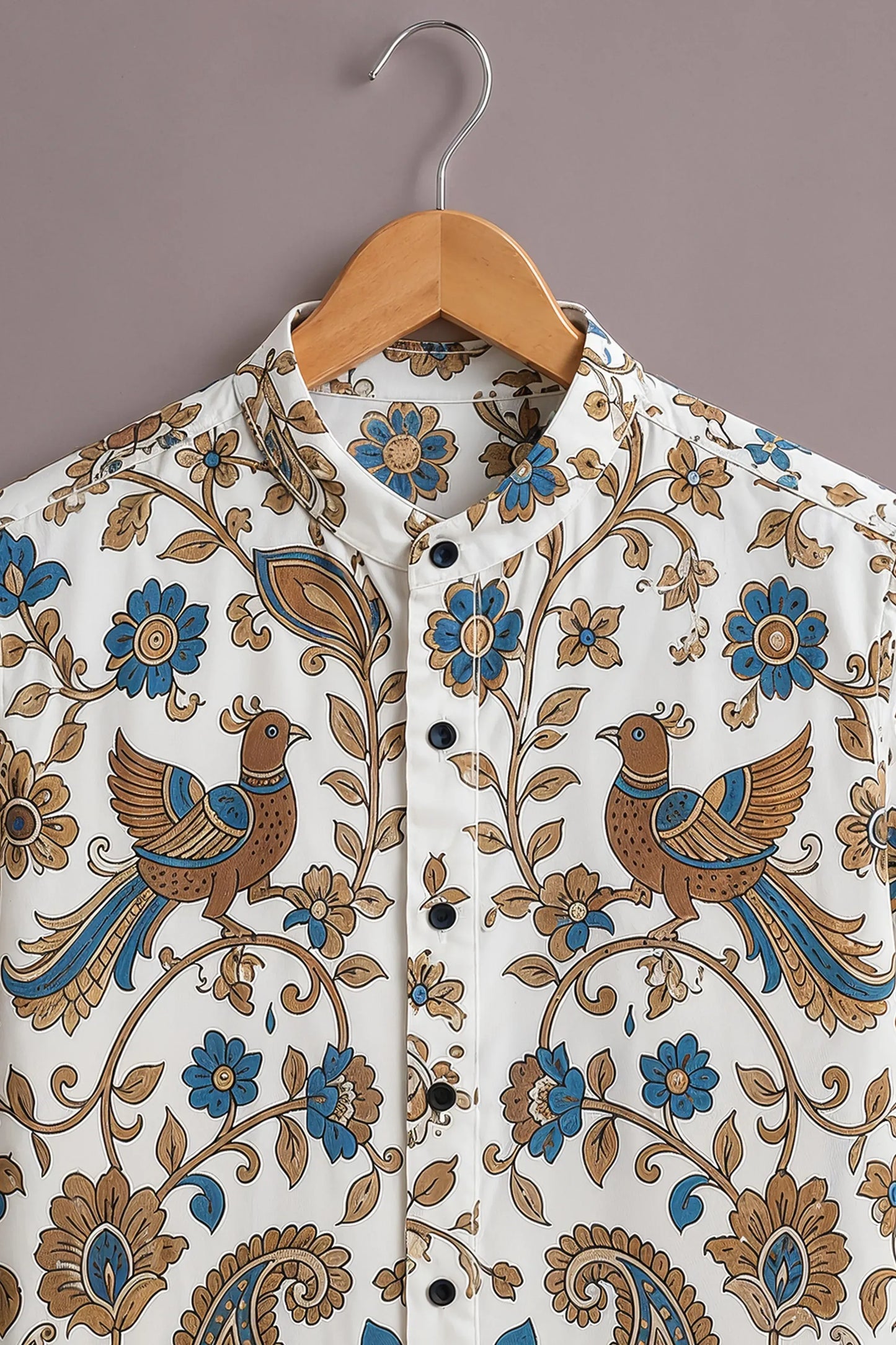 Premium White Blue Floral Peacock Print Mandarin Collar Shirt