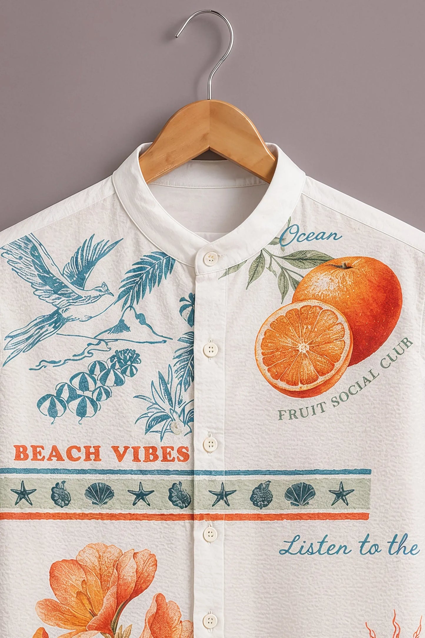 Premium Tropical Beach Vibes Printed Mandarin Collar Shirt