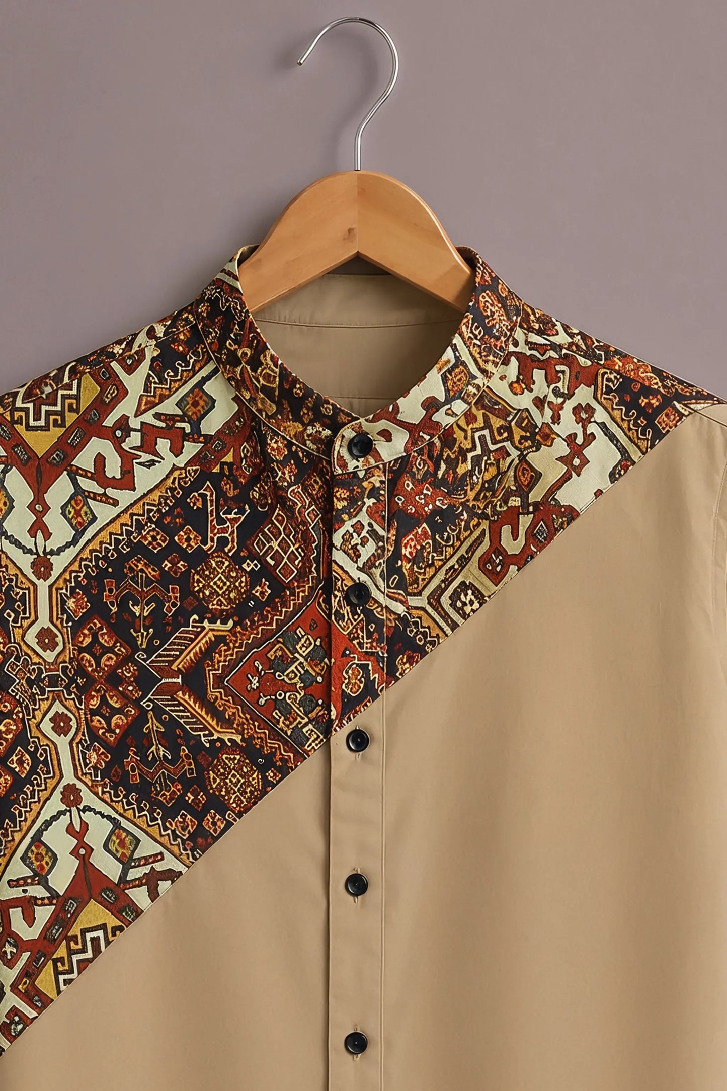 Premium Beige Geometric Ethnic Print Mandarin Collar Shirt