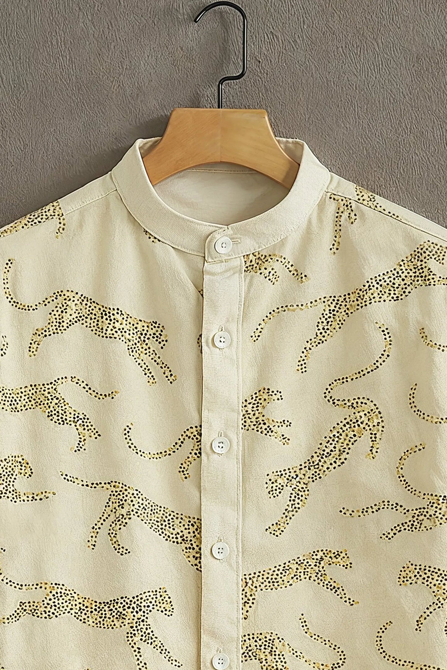 Cream Leopard Print Mandarin Collar Shirt