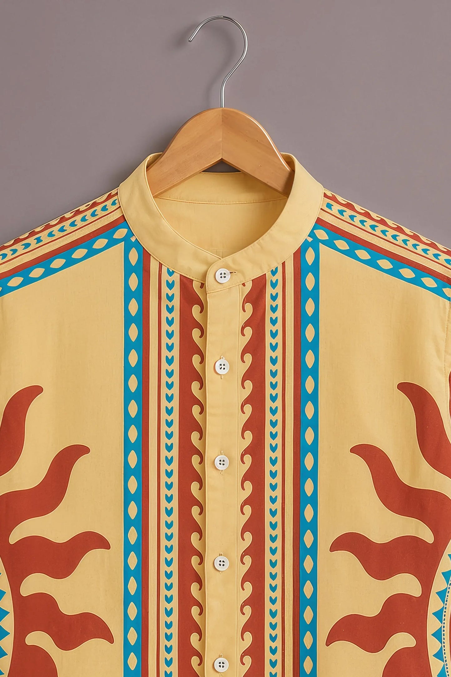 Premium Yellow Ethnic Print Mandarin Collar Shirt