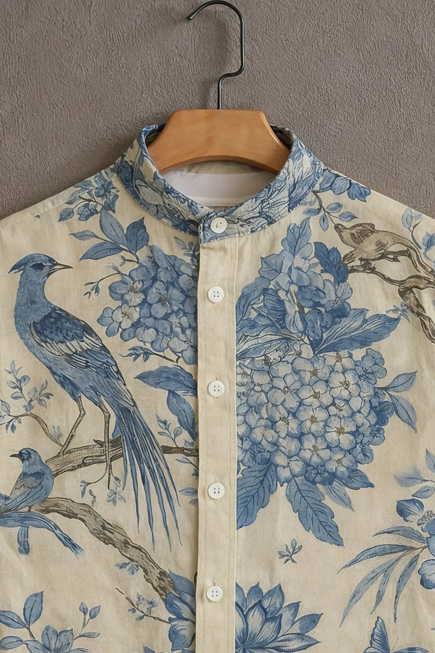 Premium Blue Floral Bird Print Mandarin Collar Shirt