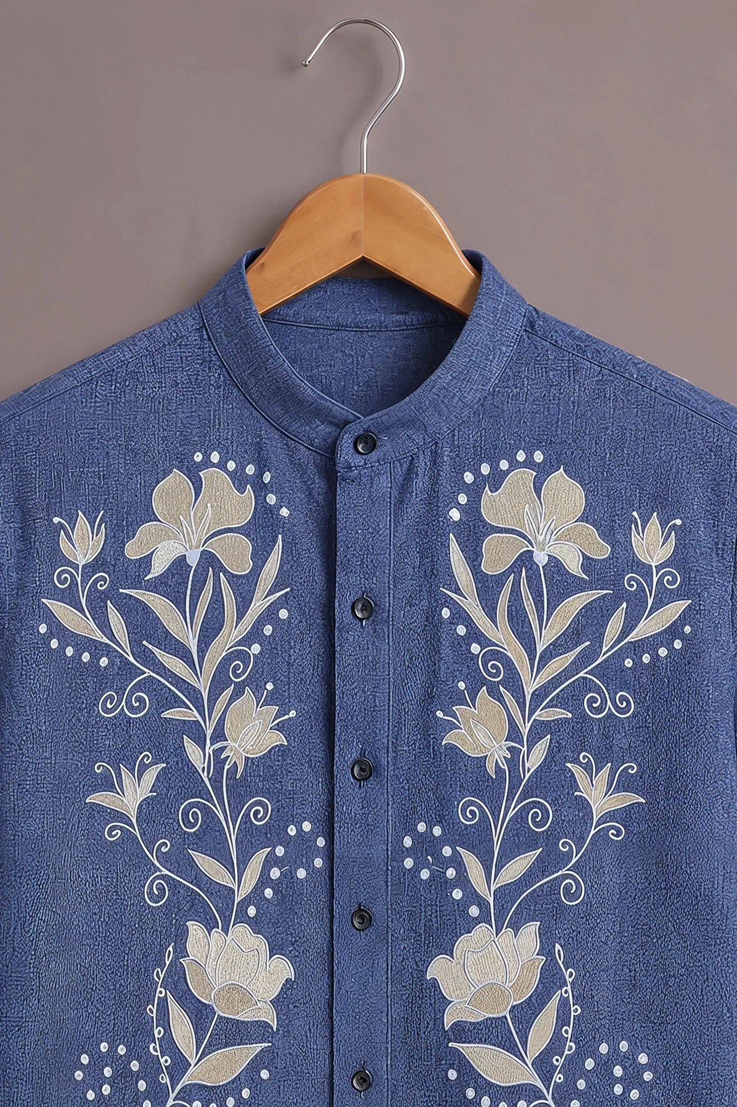 Premium Blue Floral Embroidered Mandarin Collar Shirt
